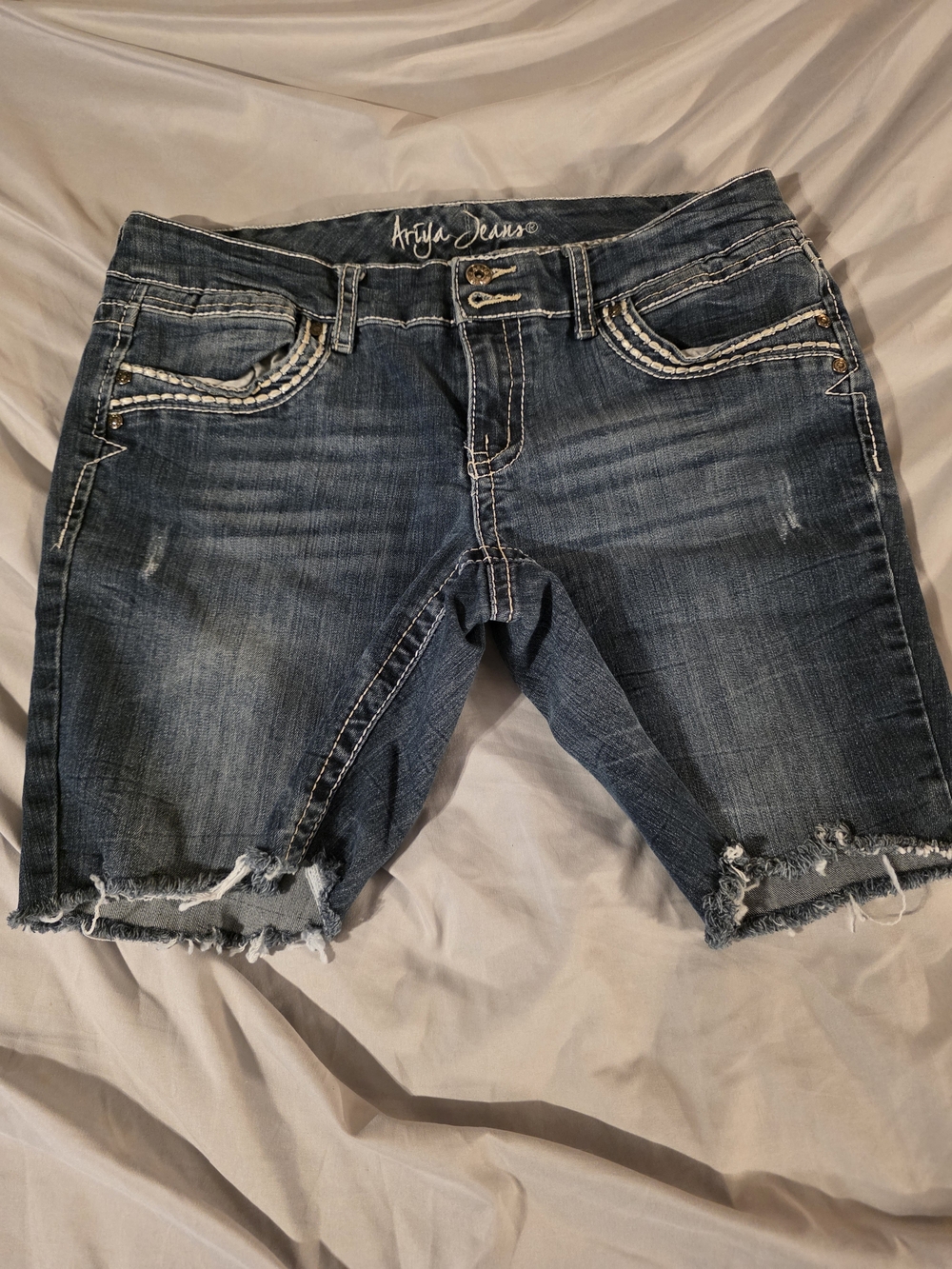 Ariya Dark Blue Distressed Denim Bermuda Shorts